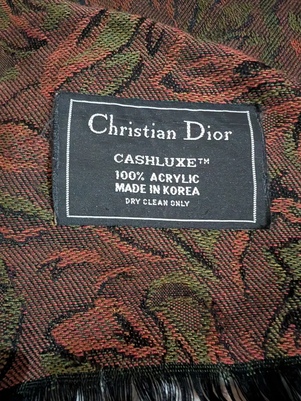 Christian Dior Multicolor Jacquard Fringe Scarf - Red, Green, Black